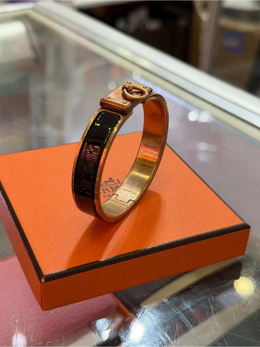 Hermes Black Enamel and Gold Tone Bracelet